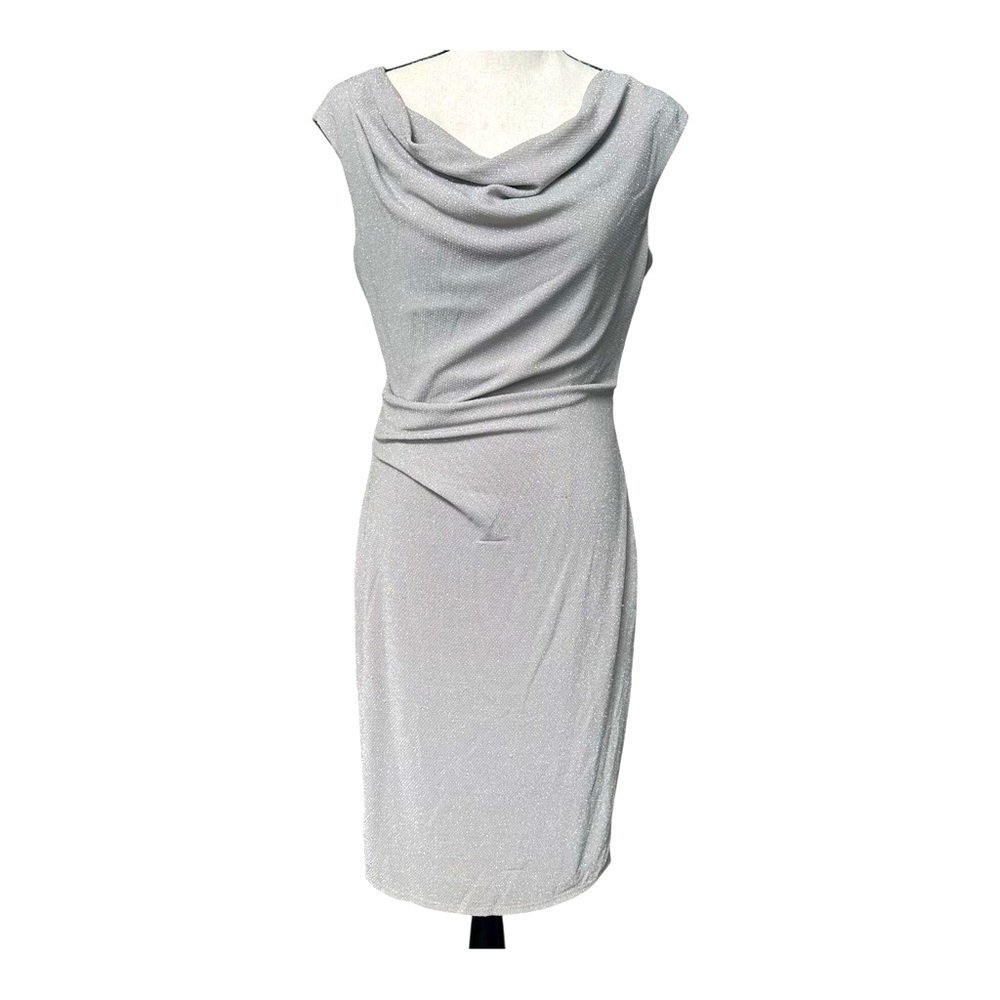 JH Evenings Silver Metallic Cocktail Dress 8 Cowl Neck Stretch Sheath
